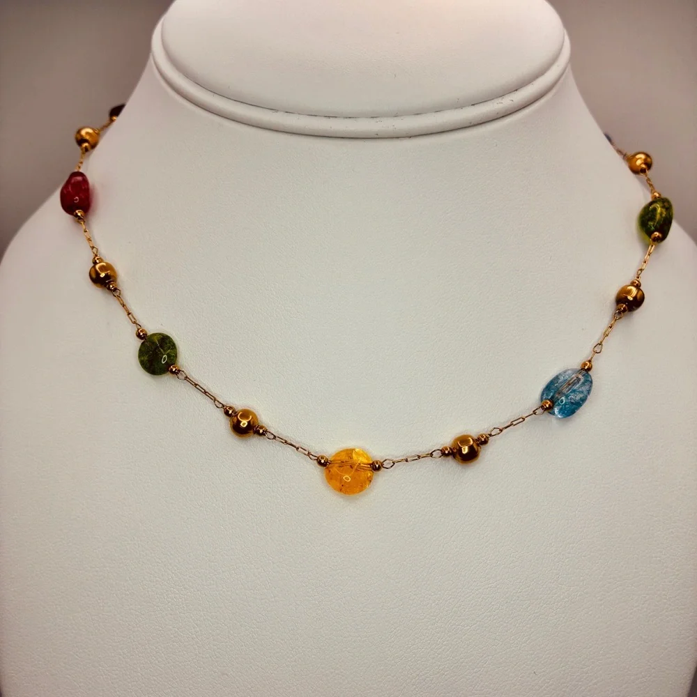 Multicolor Gemstone Beaded Necklace with Gold Accents - Picture 5 of 7